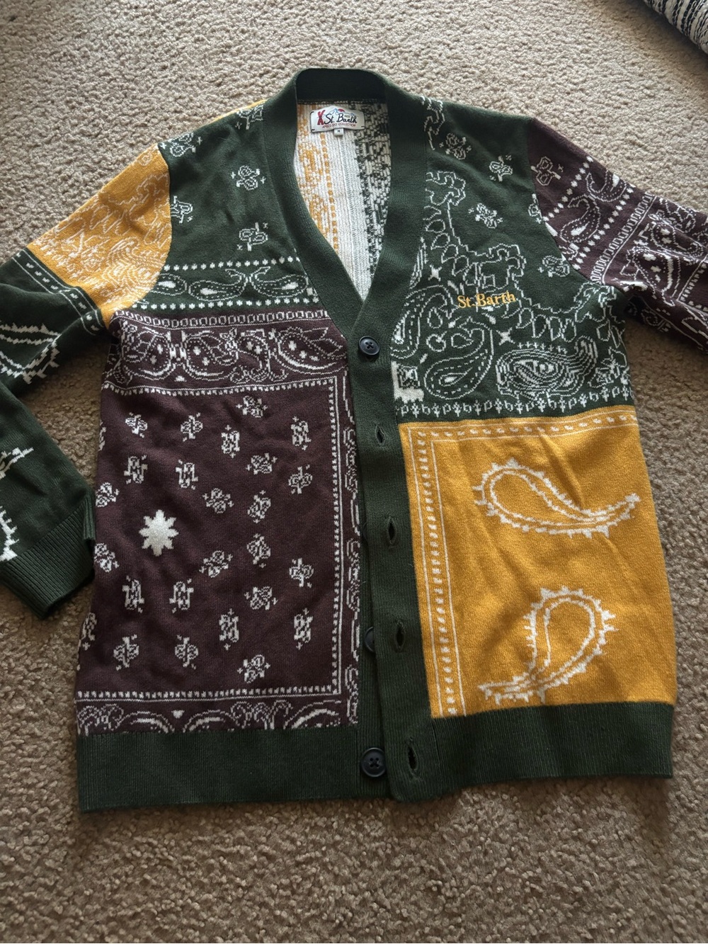 MC2 St Barth Paisley Color Block Cardigan Sweater Italian Milano Medium